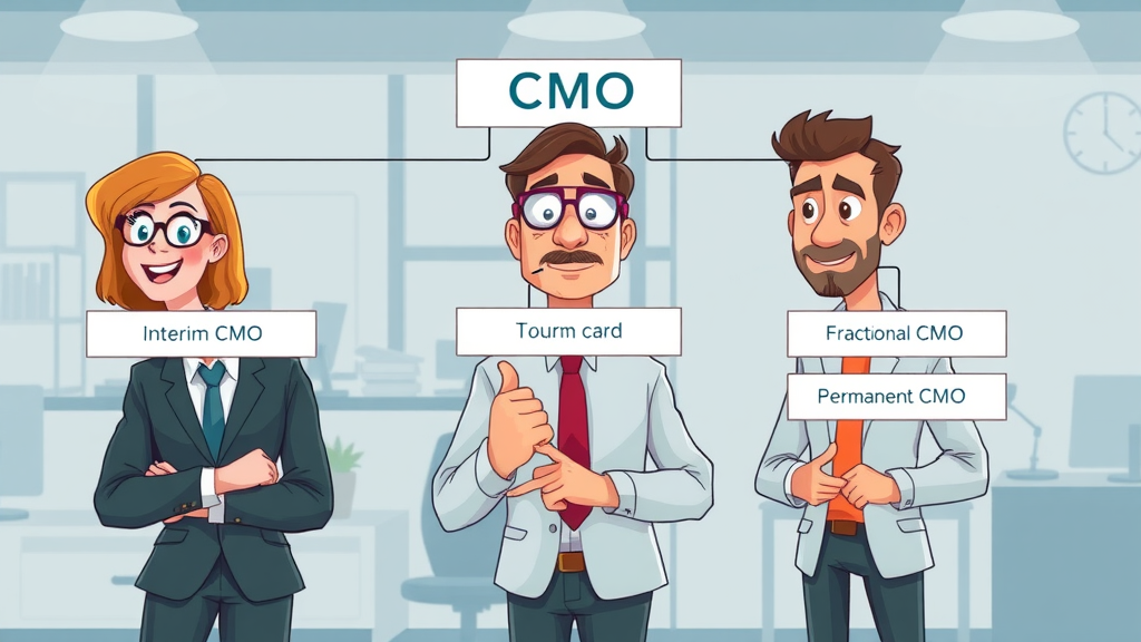 organizational chart illustrating the differences between interim CMO, fractional CMO, and permanent CMO roles
