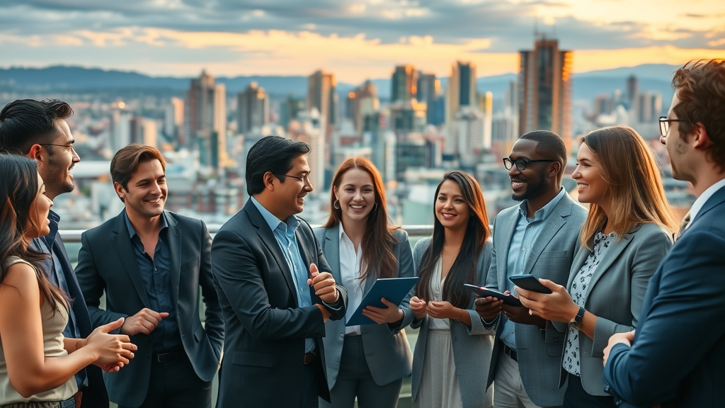 Diverse professionals in Vancouver discussing economic growth advocacy at sunset.