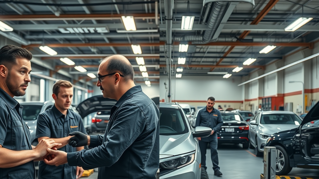side-by-side comparison of professional body shop and independent repair shop, both busy with technicians and equipment