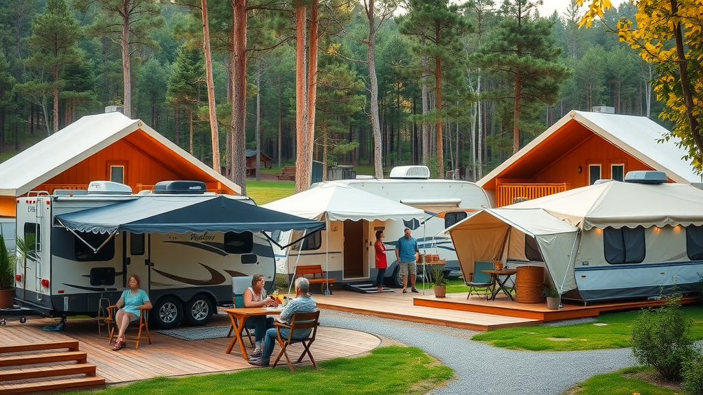 Modern RV park with glamping tents and cabins in a lush forest, illustrating innovations in the future of RV parks