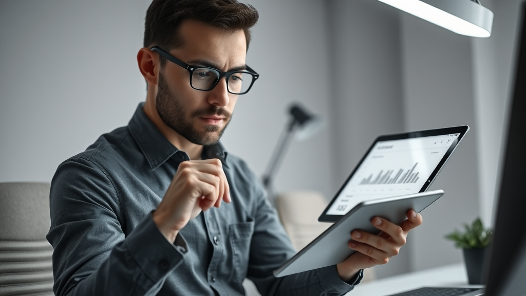 precise marketing executive analyzing KPI dashboard, evaluating fractional CMO impact