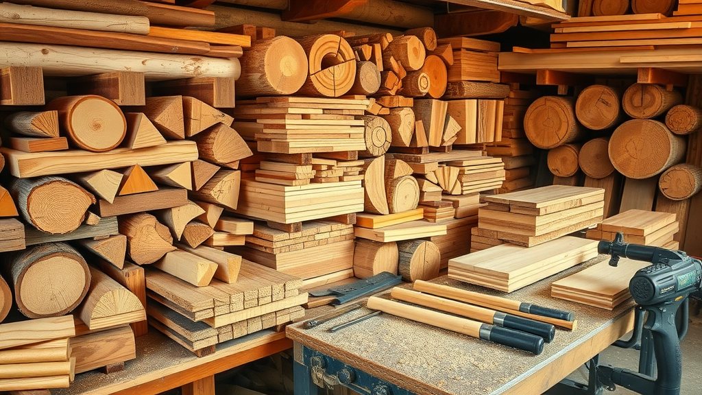 wide assortment of log home materials and cabin kit components on workshop bench