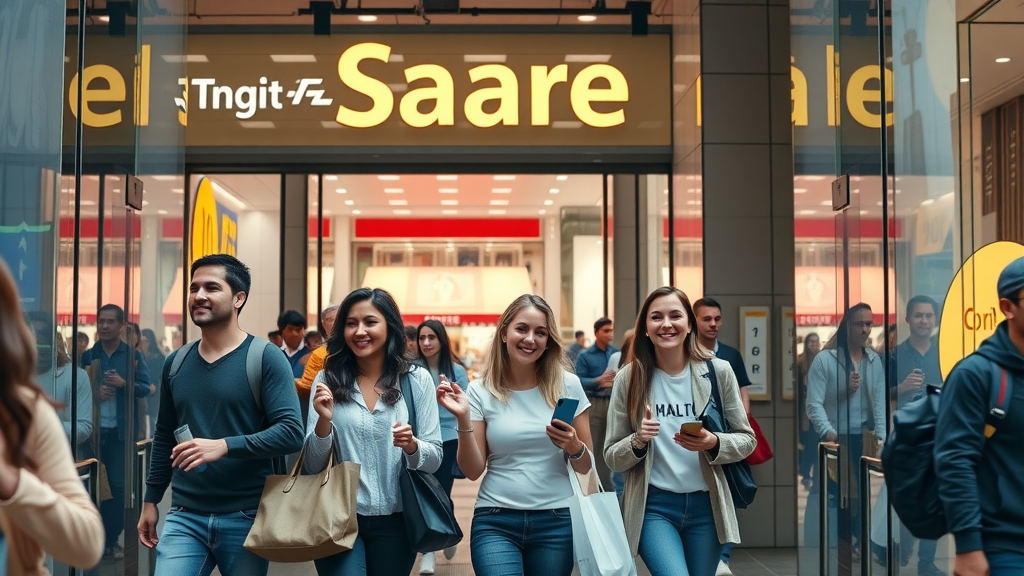 vibrant retail store entrance, drive foot traffic to retail store, shoppers entering a digital-savvy shop, urban setting, detailed store signage, crowd in motion, digital elements, natural daylight, high clarity
