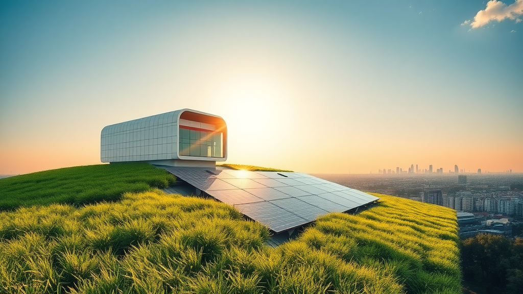 Ultra-modern building with living green roof and solar shingles, innovative roofing material for types of roofs, cityscape in background
