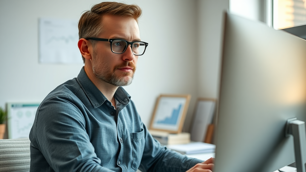 Analytical contractor reviewing competitor blogs to develop content marketing strategies for lead generation in the construction business. Modern home office, analytics graphs, and industry documents in view.