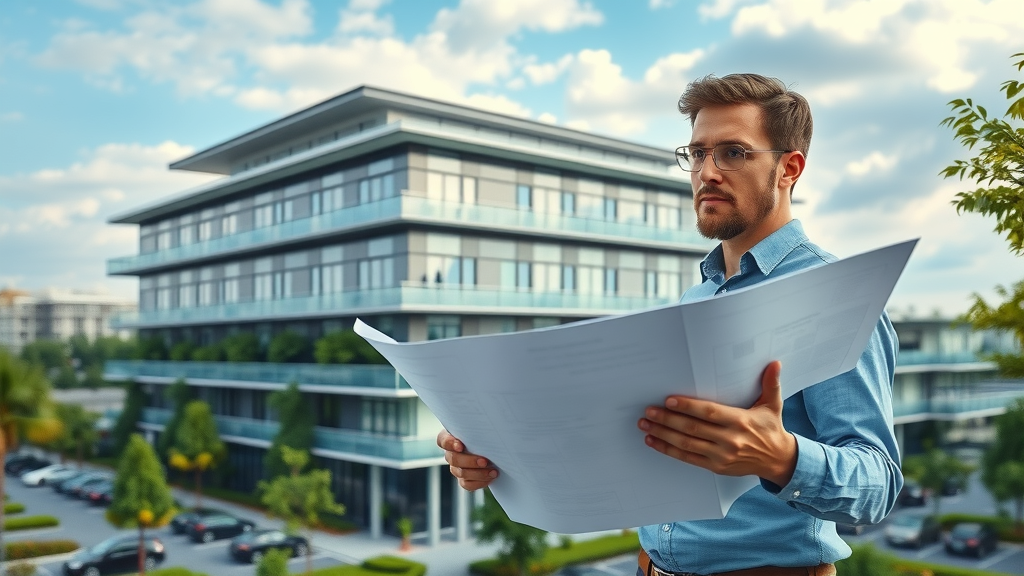 Modern commercial building with high-performance commercial roofing system, architect reviewing blueprints