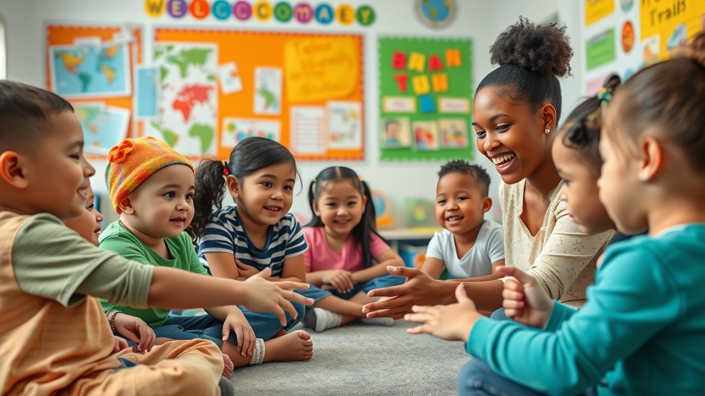 inclusive daycare classroom with multicultural children and bilingual teacher leading a lesson, vibrant and welcoming child care center - daycare trends