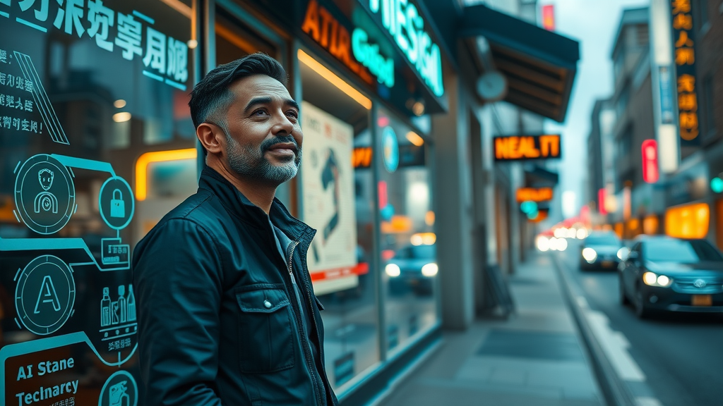 Futuristic small business storefront showcasing AI integration and technology adoption