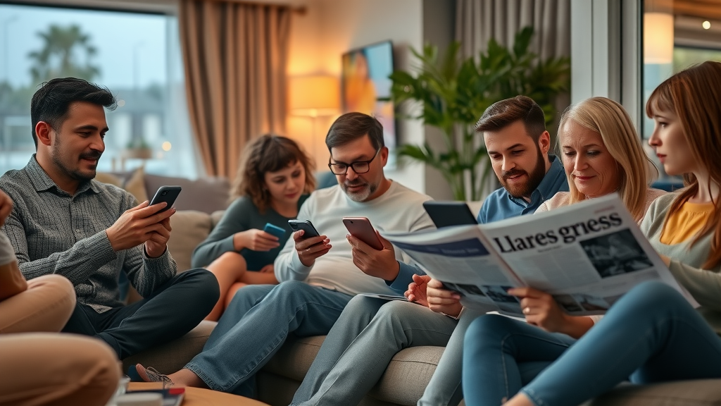 Family multitasking with digital devices and watching TV or reading print newspapers in a modern living room - traditional vs digital media