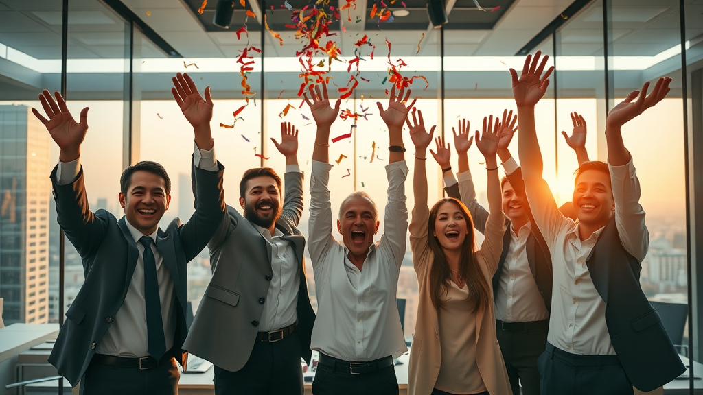 Flourishing business team celebrating increased sales resulting from video advertising, joyful and triumphant, raising hands in excitement, Cinematic, open office with glass walls and cityscape view, highly detailed, confetti in the air, vibrant multi-color palette, golden hour lighting, shot with a wide-angle lens. Business success video advertising.
