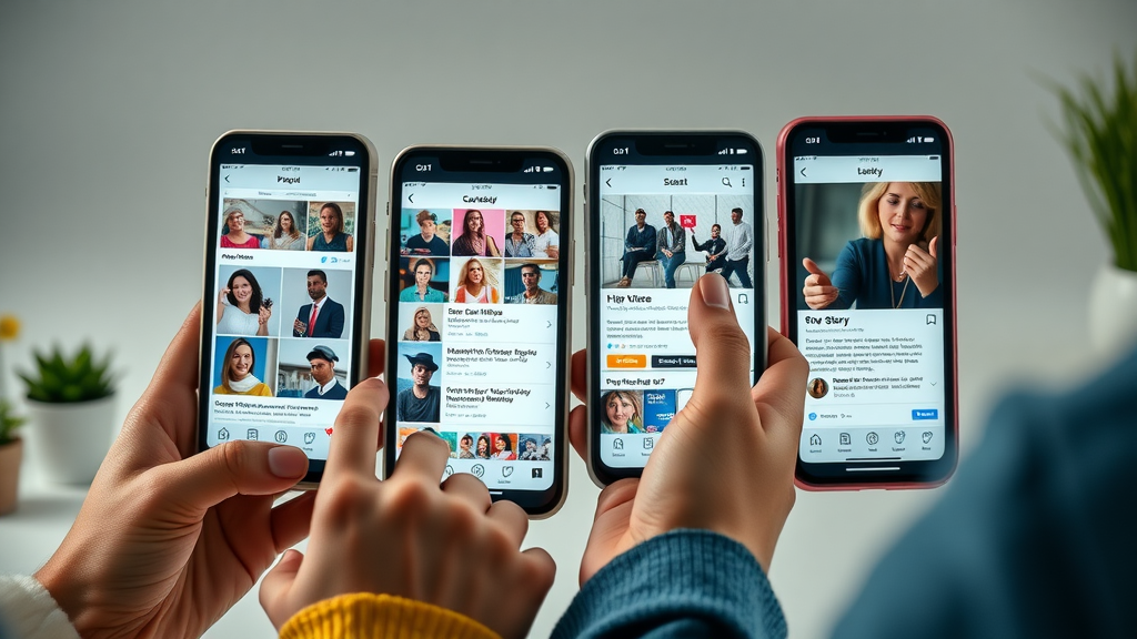 smartphone screens showing single image, carousel, video, and story social media paid ad formats