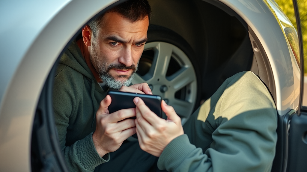 Car owner meticulously photographing hidden car damage during vehicle damage assessment