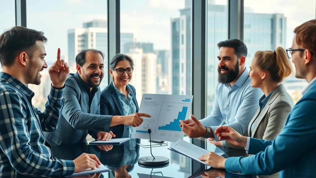 Vibrant real estate investment meeting, confident investors strategizing fix and flip loans