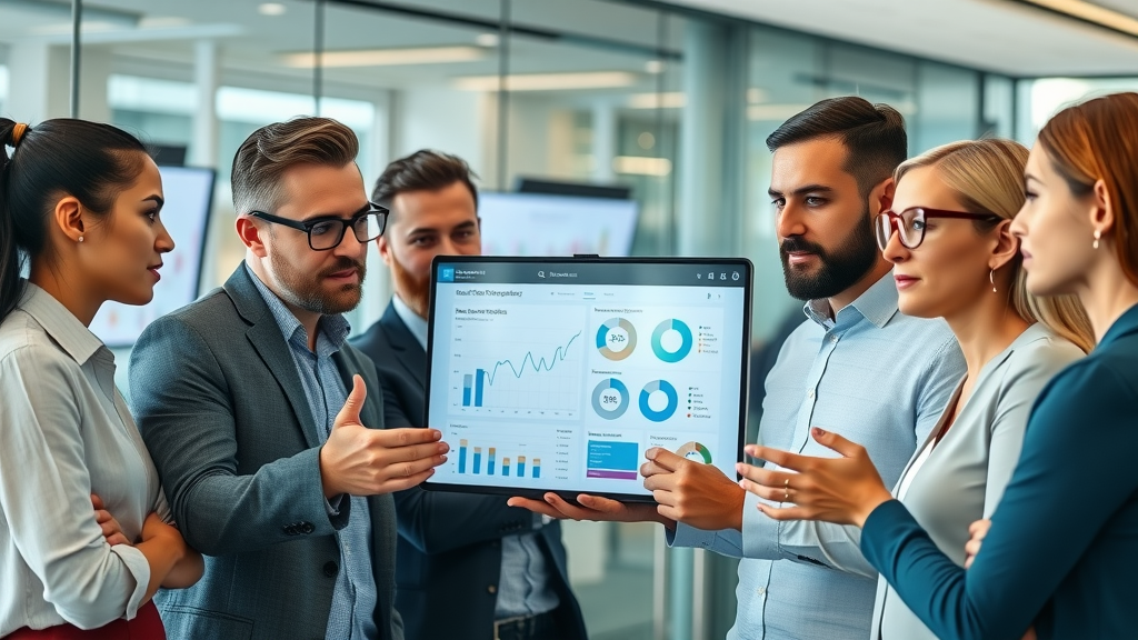 media channel optimization team analyzing analytics data in modern corporate office