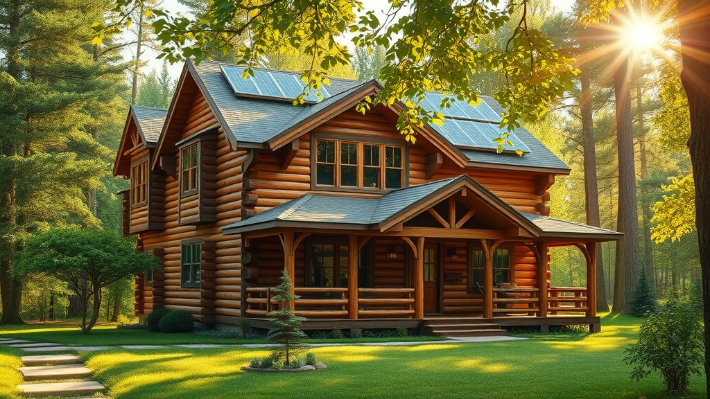 Rustic log home with solar panels on roof showing energy efficiency in log homes