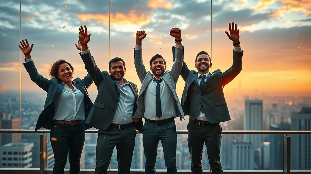 Victorious business team celebrating rising search engine graph and off-page SEO success, digital cityscape background, confetti, digital sparkles