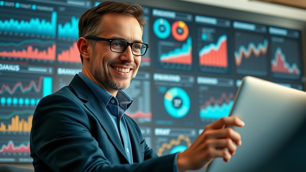 Business analyst reviewing interactive video content analytics dashboard with graphs and KPIs in a modern studio environment