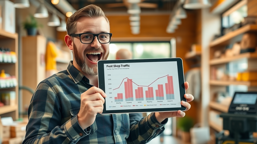 Local shop owner proudly showing increased foot traffic statistics after optimizing for local business visibility on Google Maps.
