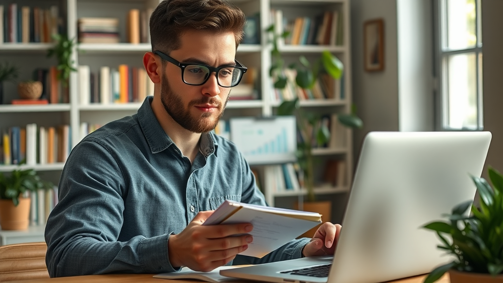 Confident researcher using a step-by-step keyword research checklist and both laptop and notepad