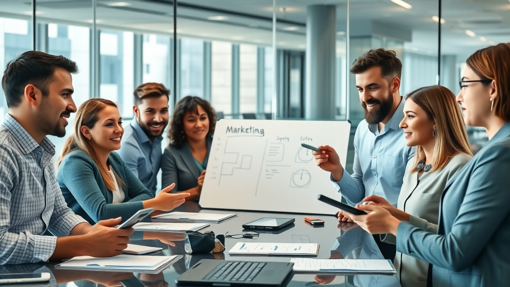 dynamic modern marketing team collaborating in corporate boardroom for scalable marketing leadership