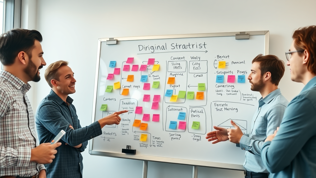 digital strategist team mapping out a robust multichannel content distribution strategy in a collaborative workspace