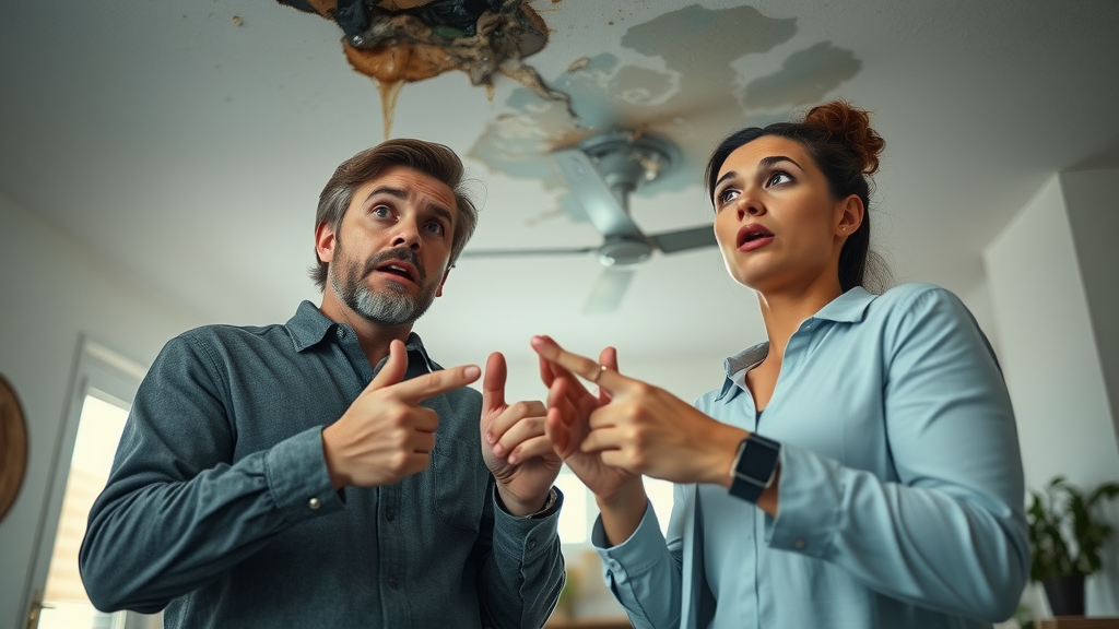 concerned couple examining a leaking roof, worried about roof installation mistakes and water stains.
