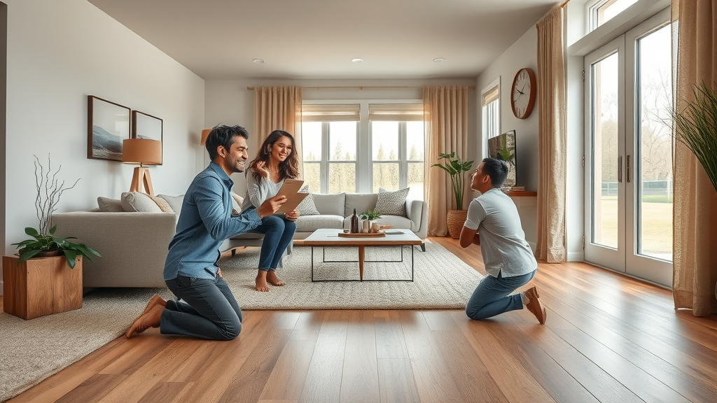 Flooring and carpet installation near me in a modern home with happy clients.