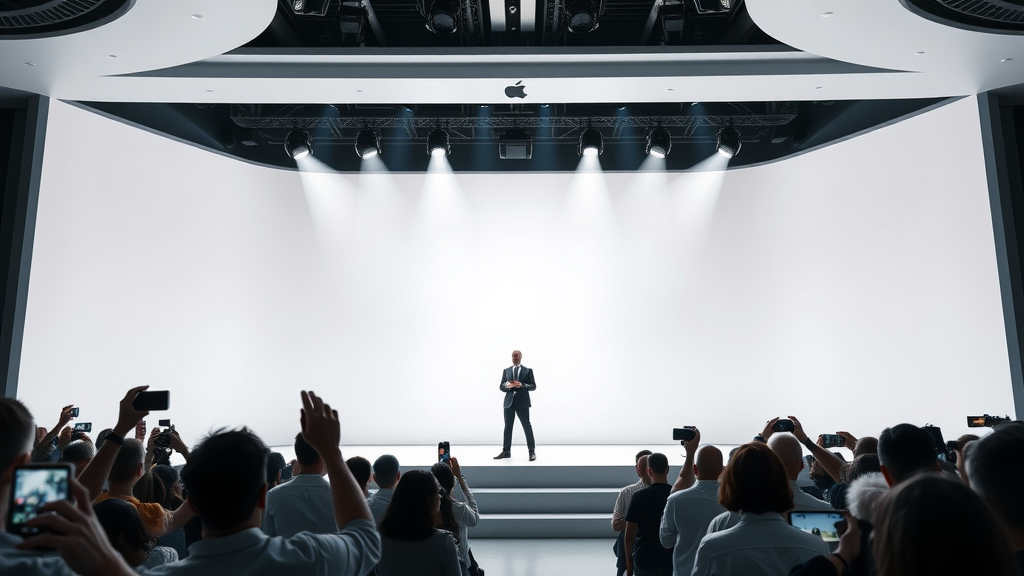 Sleek, futuristic Apple product launch event with cinematic visuals, elegant and inspiring, presenter unveiling innovative technology, High Fantasy, stage illuminated with dramatic spotlights, highly detailed, crowd and camera flashes, minimalist white and silver tones, high-contrast lighting, shot with a 70-200mm camera lens. Apple video ad campaign.