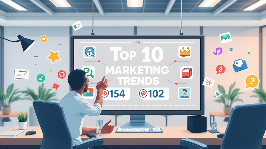 top 10 video marketing trends infographic with engaging icons, modern digital workspace