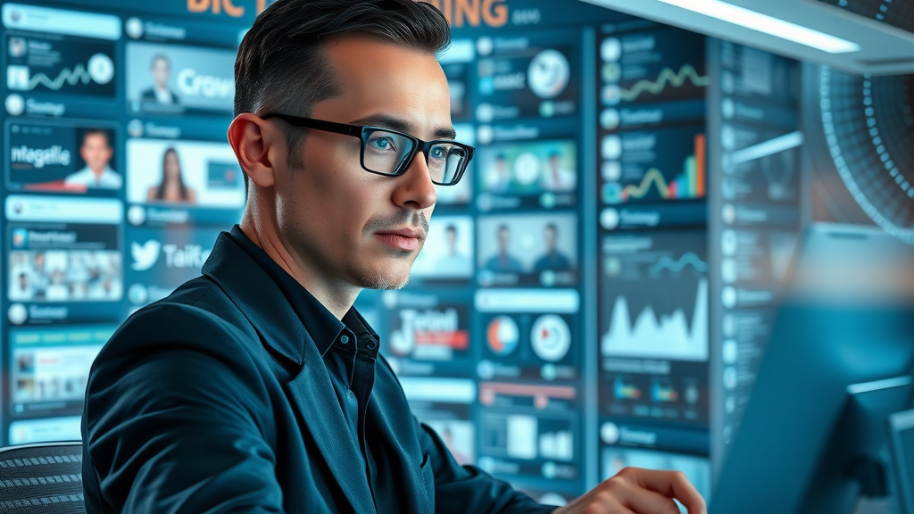 social media manager using futuristic screens to monitor multiple brand accounts for brand positioning