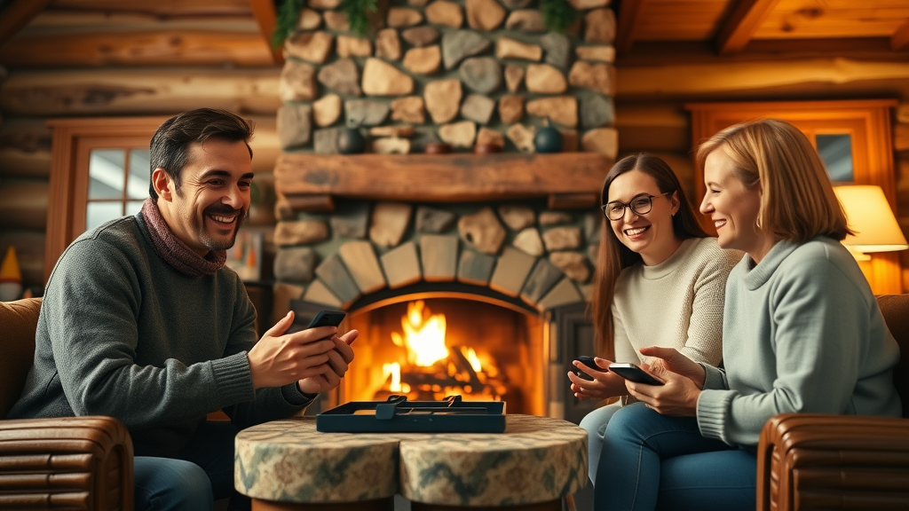 modern family enjoying cozy log cabin interior, log homes comfort and lifestyle, stone fireplace warmth