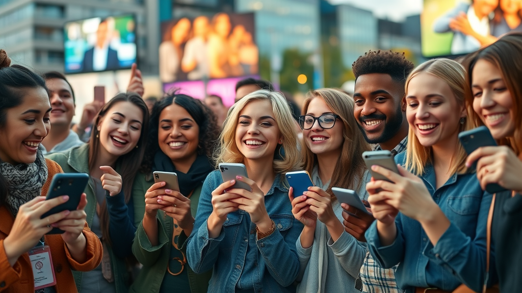 Engaged social media audience sharing video content and video marketing clips on smartphones
