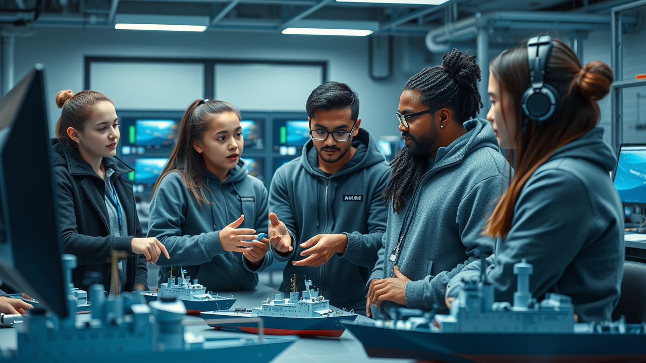 Interactive shipbuilding exhibit at a US maritime museum with children and adults manipulating engineering tools and learning about naval shipbuilding