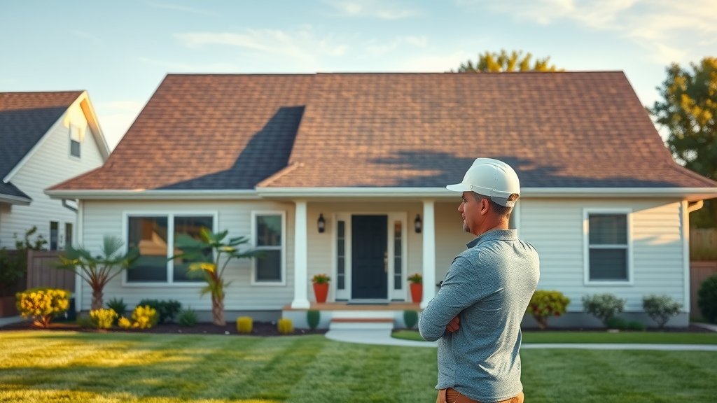 modern suburban home with pristine new roof and proud homeowner admiring completed roof installation.