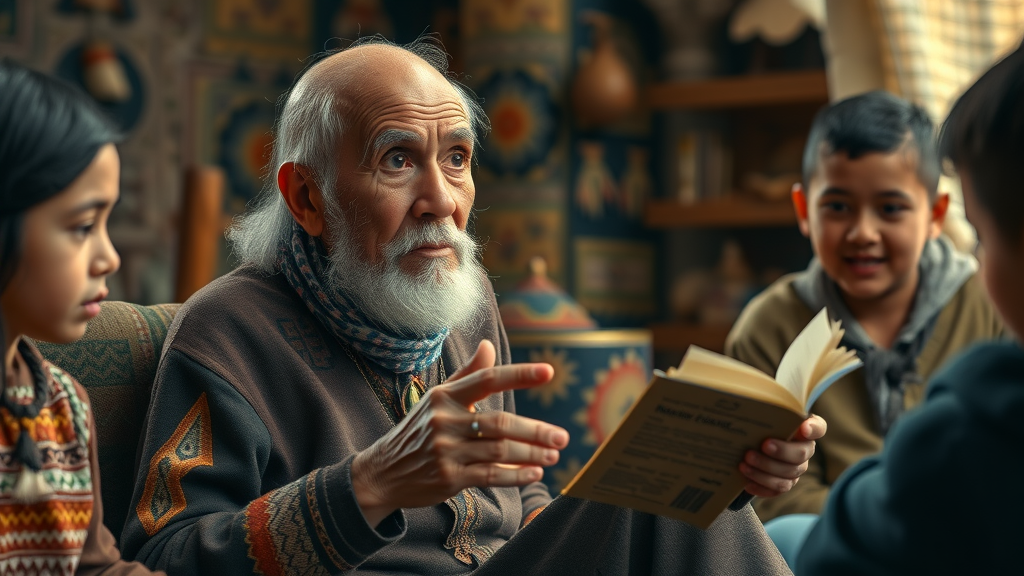 indigenous people thoughtful elder, storytelling, cultural artifacts, cozy community space, highly detailed, 8K, ambient lighting, 35mm lens