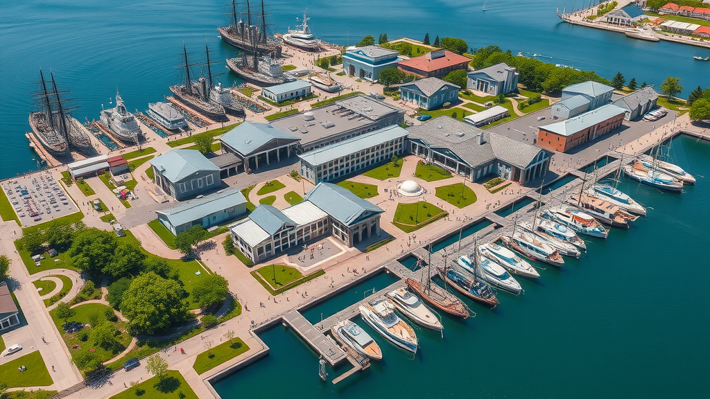 Aerial view of large United States maritime museum complex with multiple ships docked, bustling with visitors and lush landscaped walkways