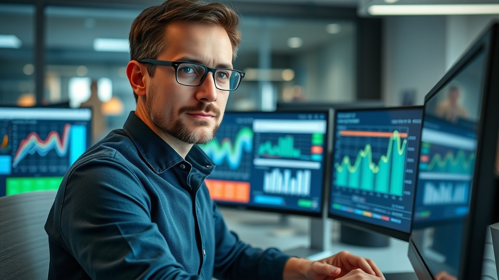 marketing analyst confidently analyzing storytelling video KPIs on digital dashboard