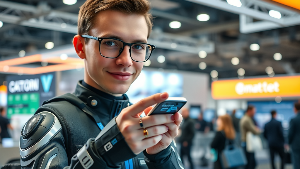 Futuristic promotional products showcasing smart tech and eco-friendly materials at trade show