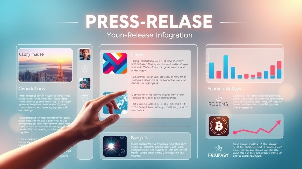 Animated infographic of press release components, images, logos, template graphics