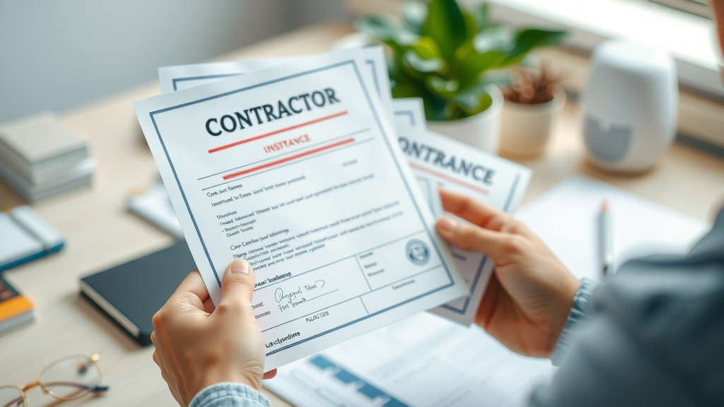 official contractor licensing and insurance documents for roofing and plumbing professionals, photorealistic office setting