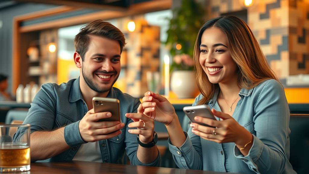 refer a friend cheerful friends sharing referral code and rewards in vibrant cafe setting