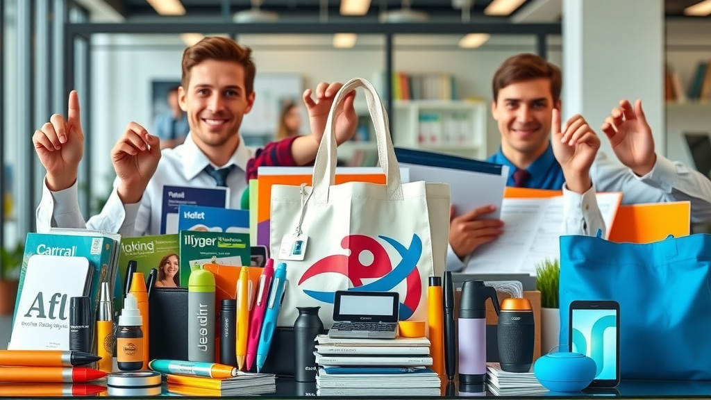 Collection of branded promotional products in an office setting illustrating marketing strategies from promotional products guide