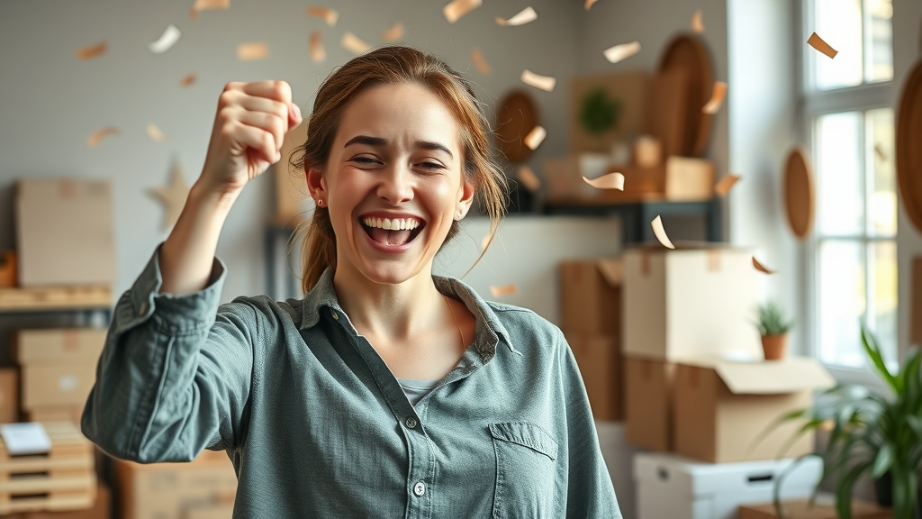 small e-commerce business owner celebrating spike in sales due to paid traffic