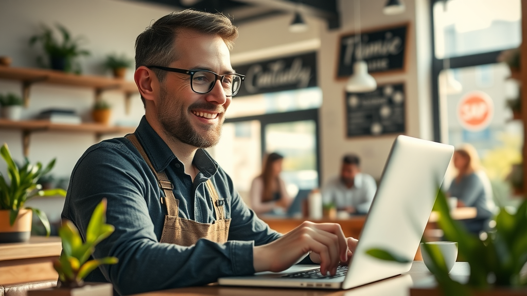 Shop owner increasing local business visibility by updating their Google Business profile on a laptop in a vibrant cafe.