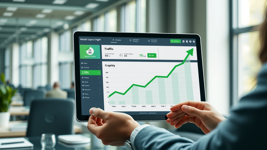 successful website case study dashboard for on-page SEO wins, traffic growth chart, business tablet, increase arrow