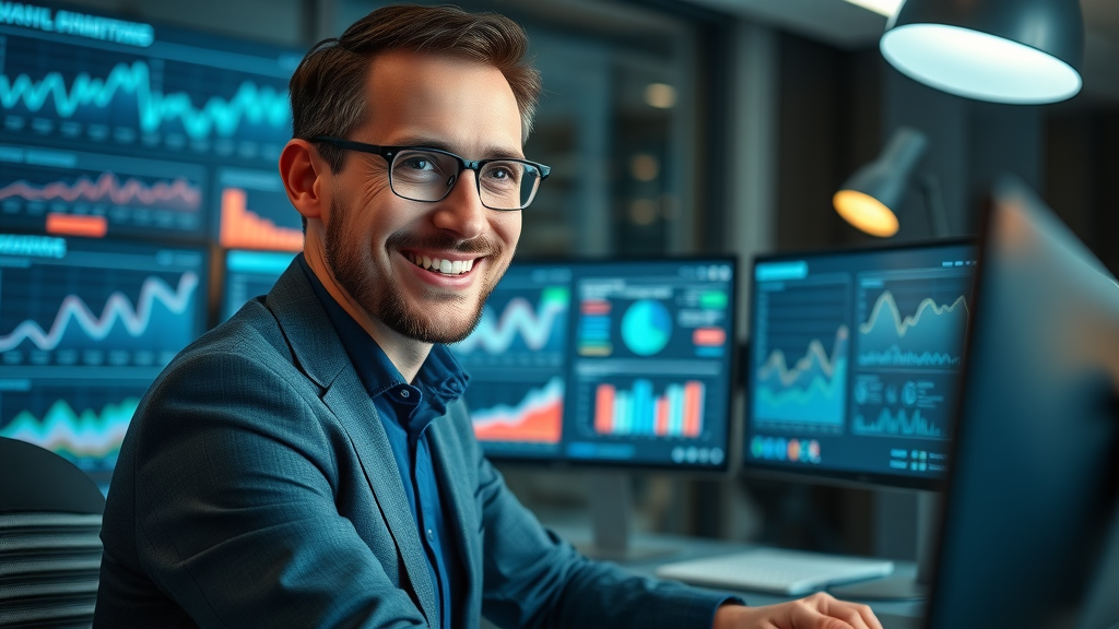 focused marketer evaluating content performance with advanced analytics dashboards in a stylish office