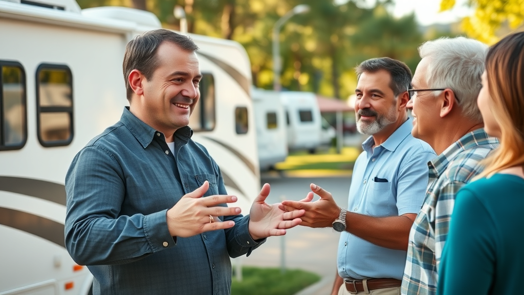 Experienced RV park broker giving site tour highlighting personalized RV park brokerage
