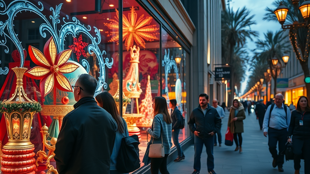 shoppers admiring creative window display for retail store, boosting foot traffic, glowing digital signage, city evening