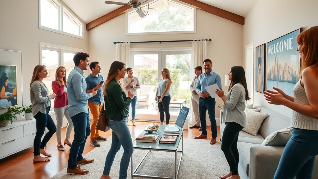 Open house showcasing a renovated home, attracting potential buyers with engaging atmosphere and professional real estate agent