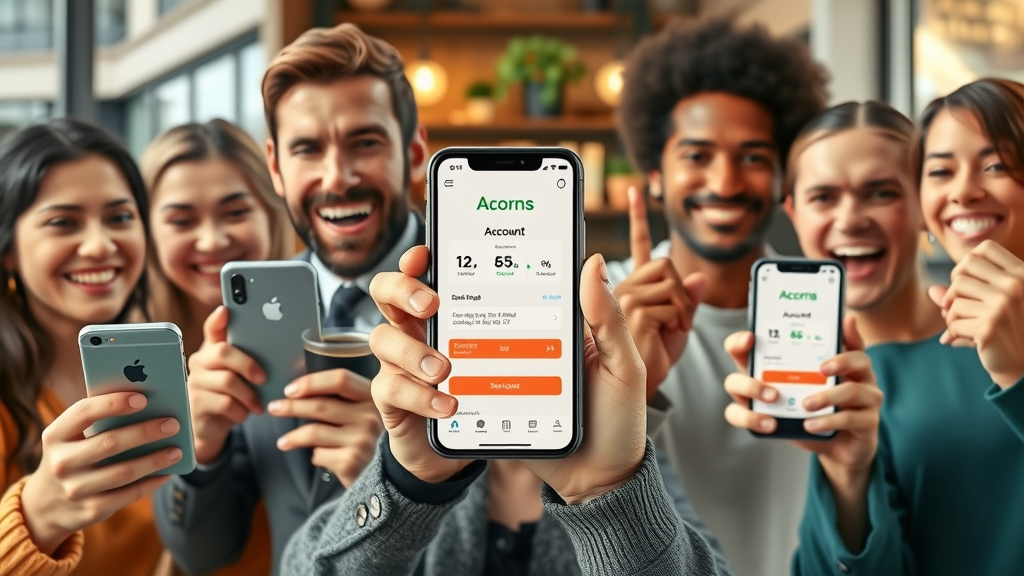 diverse real acorns investors showing account growth on phones